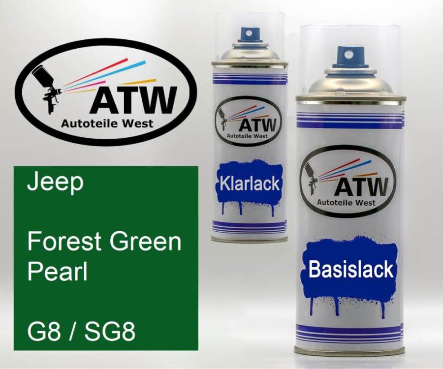 Jeep, Forest Green Pearl, G8 / SG8: 400ml Sprühdose + 400ml Klarlack - Set, von ATW Autoteile West.